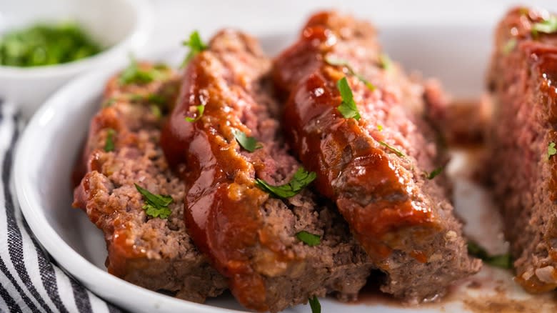 Sliced meatloaf on a plate