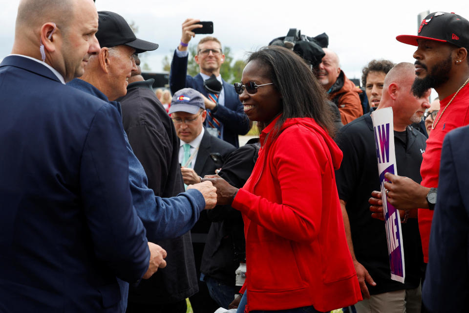 President Joe Biden greets people as he joins striking auto workers on UAW picket line outside GM's Willow Run Distribution Center, in Bellville, Michigan, Sept. 26, 2023. / Credit: EVELYN HOCKSTEIN / REUTERS