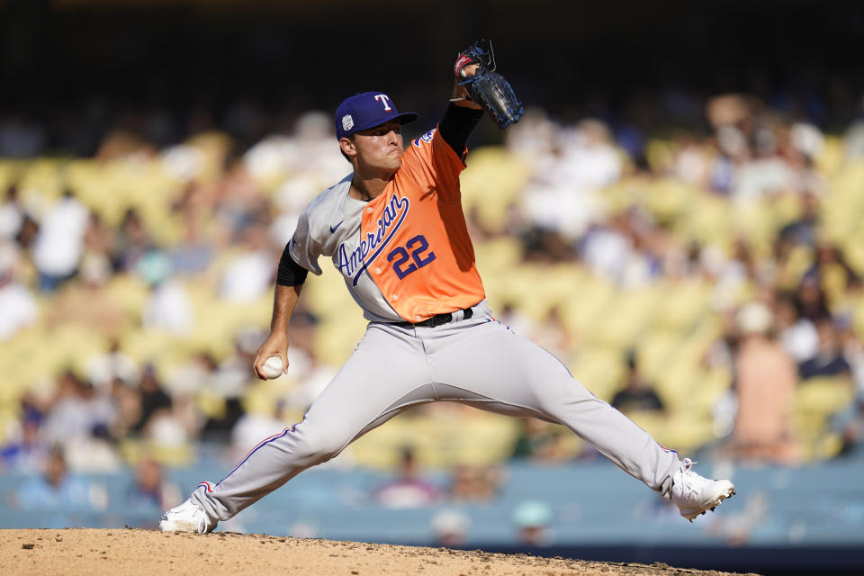 American League relief pitcher Jack Leiter throws during the the MLB All-Star Futures baseball game against the National League, Saturday, July 16, 2022, in Los Angeles. (AP Photo/Abbie Parr)