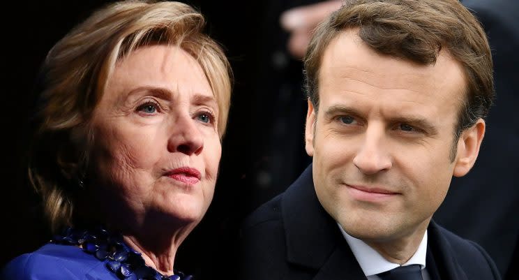 Clinton and Macron (Photos: Astrid Stawiarz/Getty Images, Jeff J. Mitchell/Getty)