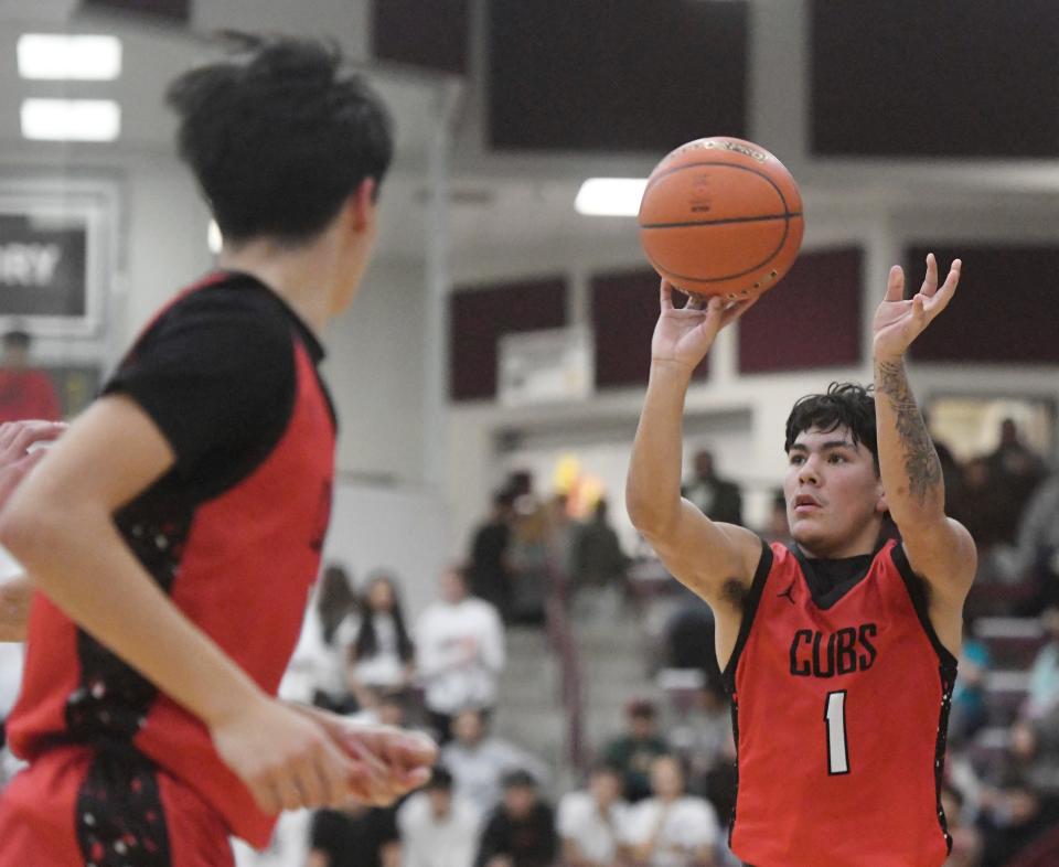 Brownfield's JoJo Carrillo shoots a 3-pointer against Littlefield in a District 3-3A basketball game, Tuesday, Jan. 23, 2024, at Wildcat Gym in Littlefield.