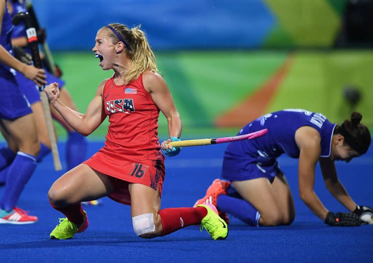 The USA's Katie Bam celebrates scoring a goal during the women's field hockey USA vs Japan match of the Rio 2016 Olympics Games at the Olympic Hockey Centre in Rio de Janeiro on August, 10 2016. / AFP / MANAN VATSYAYANA (Photo credit should read MANAN VATSYAYANA/AFP/Getty Images)