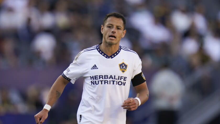 Los Angeles Galaxy's Javier Hernandez chases the ball during the second half of an MLS soccer match against the New York City FC Sunday, Feb. 27, 2022, in Carson, Calif. (AP Photo/Jae C. Hong)