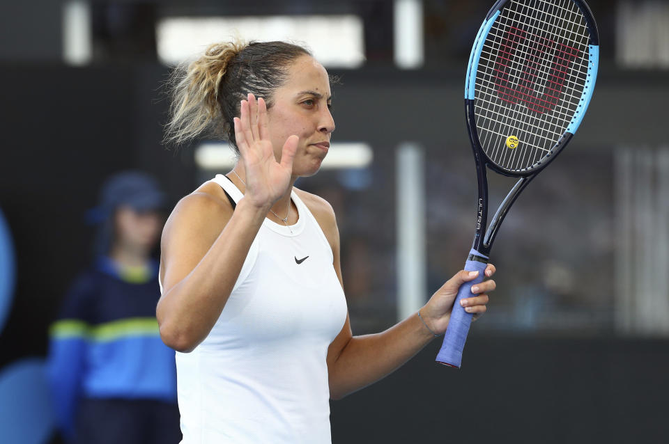 Madison Keys of the United States reacts after winning a point during her match against Samantha Stosur of Australia at the Brisbane International tennis tournament in Brisbane, Australia, Wednesday, Jan. 8, 2020. (AP Photo/Tertius Pickard)