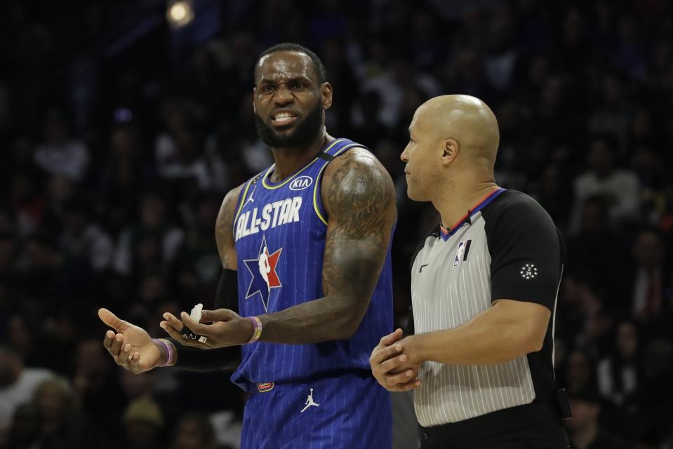 LeBron James of the Los Angeles Lakers argues a call during the second half of the NBA All-Star basketball game Sunday, Feb. 16, 2020, in Chicago. (AP Photo/Nam Huh)