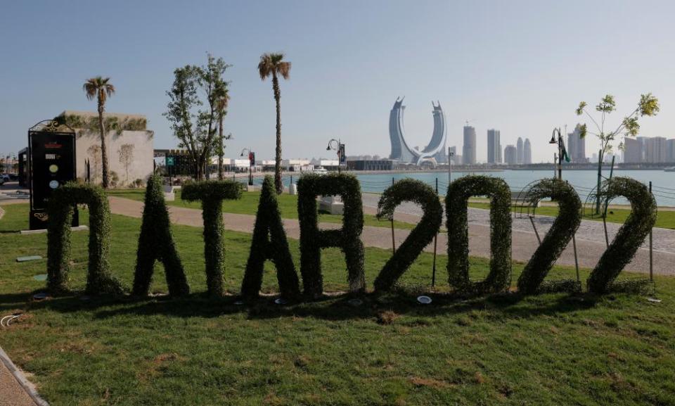 A Qatar 2022 sign made out of bushes in Lusail, Qatar, during the World Cup.