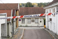 The cordoned-off area of the scene involved in the bow and arrow attack, in Kongsberg, Norway, Friday, Oct. 15, 2021. The suspect in a bow-and-arrow attack that killed five people and wounded three in a small Norwegian town is facing a custody hearing Friday. He won’t appear in court because he has has confessed to the killings and has agreed to being held in custody. (Terje Pedersen/NTB via AP)