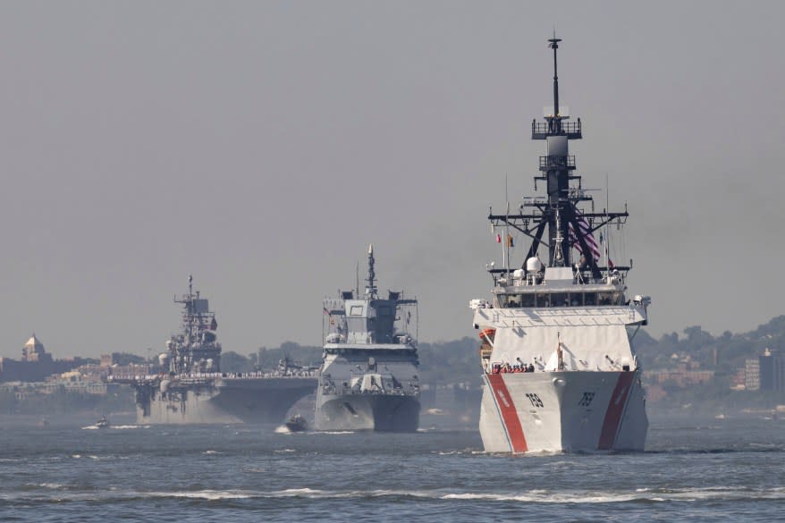 USCGC Calhoun, right, a tenth Legend-class cutter, FGS Baden-Württemberg, center, Baden-Württemberg-class frigate, and USS Bataan, left, sail on the Hudson River.