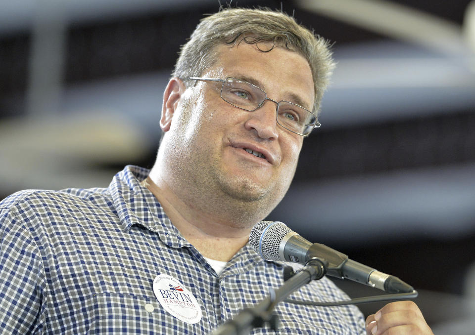 FILE - Republican candidate for Kentucky Secretary of State, Steve Knipper, speaks to the crowd at the Fancy Farm Picnic in Fancy Farm, Ky., Aug. 1, 2015. In his run for re-election, Kentucky Secretary of State Michael Adams faces challengers Allen Maricle and Knipper in Tuesday's GOP primary. (AP Photo/Timothy D. Easley, File)