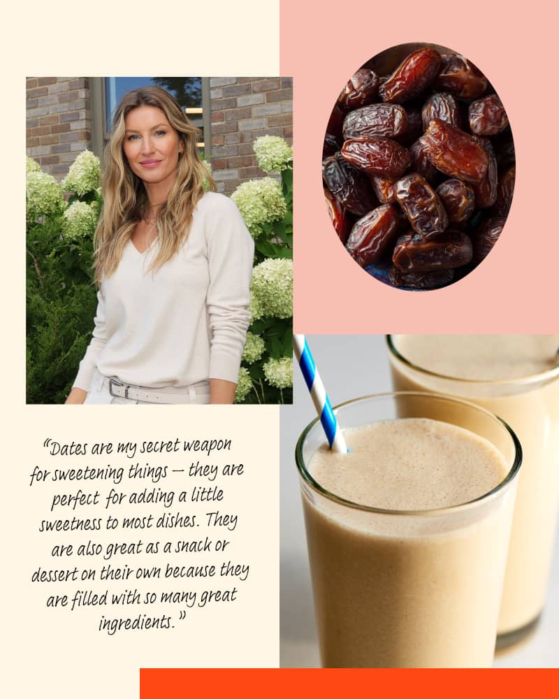 graphic showing Gisele Bündchen and a quote with a pile of dates and banana smoothies