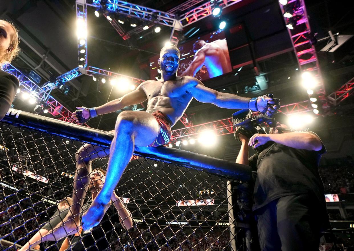 Edwards celebrates after beating Usman in August (Francisco Kjolseth/AP) (AP)