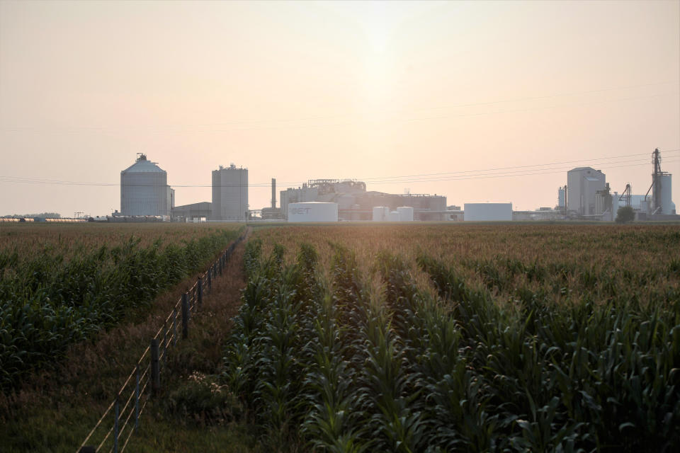 Project developers plan to build carbon capture pipelines connecting dozens of Midwestern ethanol refineries. Poet, the country's largest producer of biofuels, operates this refinery in Chancellor, South Dakota, shown on Thursday, July 22, 2021. The company has not indicated whether it will connect its ethanol refineries to the carbon capture pipelines. (AP Photo/Stephen Groves)