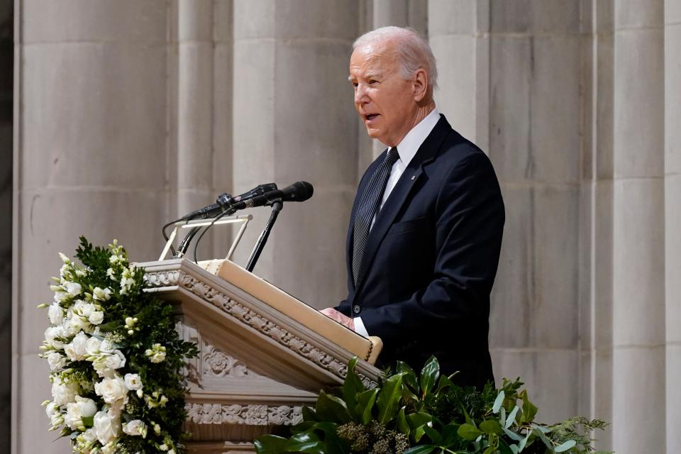President Joe Biden speaks during a memorial service for Supreme Court Justice Sandra Day O'Connor, at the National Cathedral in Washington, Tuesday, Dec. 19, 2023.