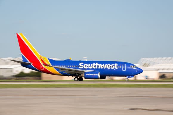 A Southwest jet preparing to land.