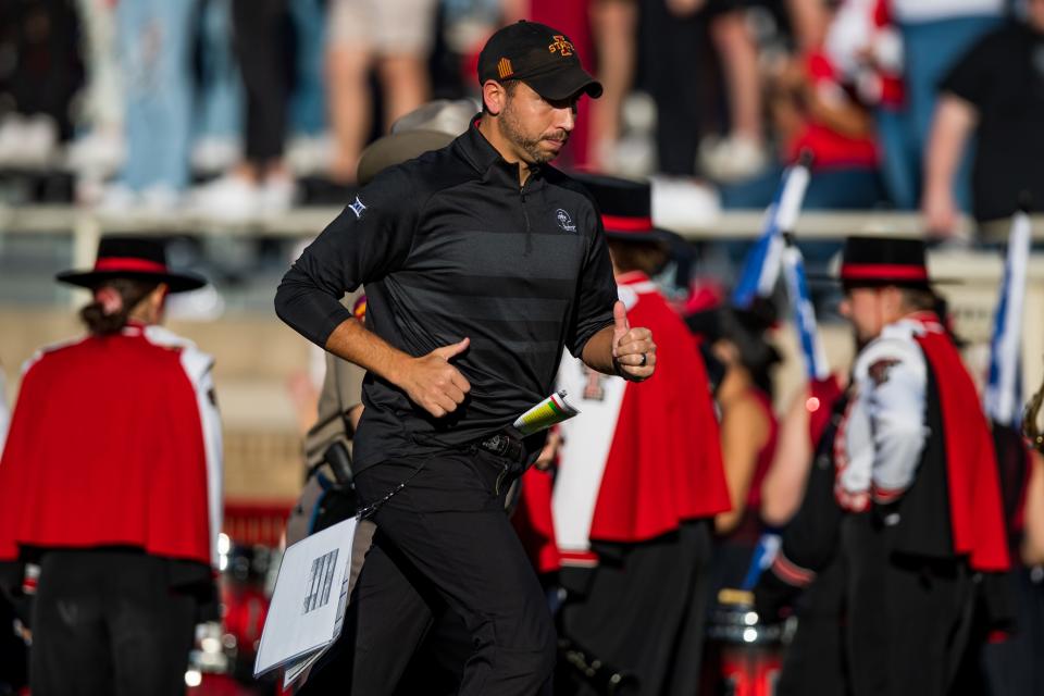 Iowa State coach Matt Campbell runs to the locker room at halftime against Texas Tech. On Tuesday, he talked about the potential of some of the Cyclones' young defenders who had big moments against the Red Raiders.