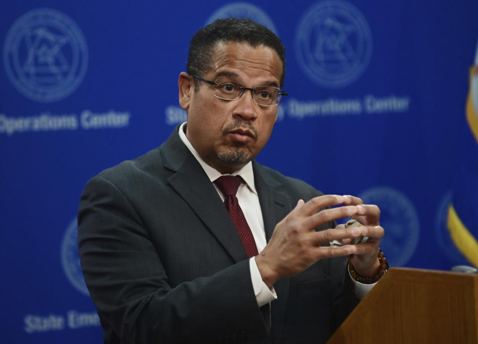 FILE - In this May 27, 2020, file photo, Minnesota Attorney General Keith Ellison answers questions during a news conference in St. Paul, Minn., about the investigation into the death of George Floyd, who died in May while in the custody of Minneapolis police officers. Several prominent Muslim American elected officials, including Ellison, endorsed Joe Biden for president in a letter organized by Emgage Action ahead of an online summit that starts Monday, July 20 by the advocacy group and features the presumptive Democratic nominee. (John Autey/Pioneer Press via AP, Pool, File)