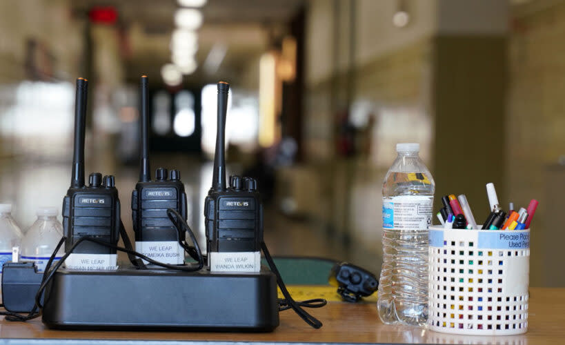 Walkie talkies seen through a side door at Richneck Elementary School the day after the shooting. (Jay Paul/Getty Images)
