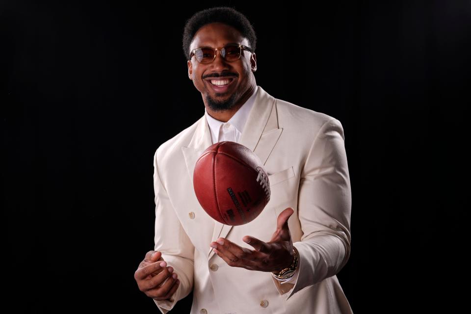 Cleveland Browns' Myles Garrett, AP defensive player of the year, poses at the NFL Honors award show, Thursday, Feb. 8, 2024, in Las Vegas.