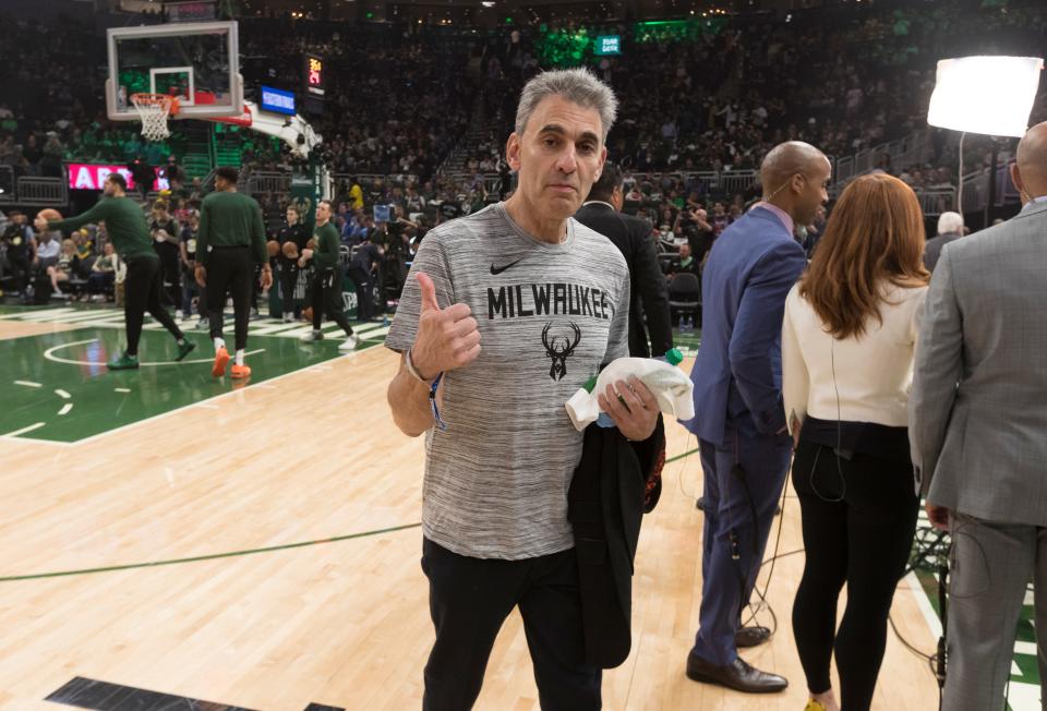 Prominent Milwaukee attorney David Gruber heads to his courtside seat before NBA Eastern Conference finals Game 5 between the Milwaukee Bucks and the Toronto Raptors Thursday at Fiserv Forum.