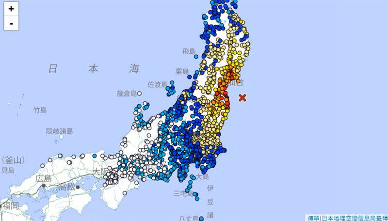 ▲日本16日當地時間晚間11點35分在福島縣和宮城縣外海發生規模7.4大地震。（圖／翻攝日本氣象廳）