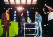 <p>JoBros Nick, Joe and Kevin celebrate Jordan McGraw's birthday during their Remember This tour stop in Arkansas.</p>