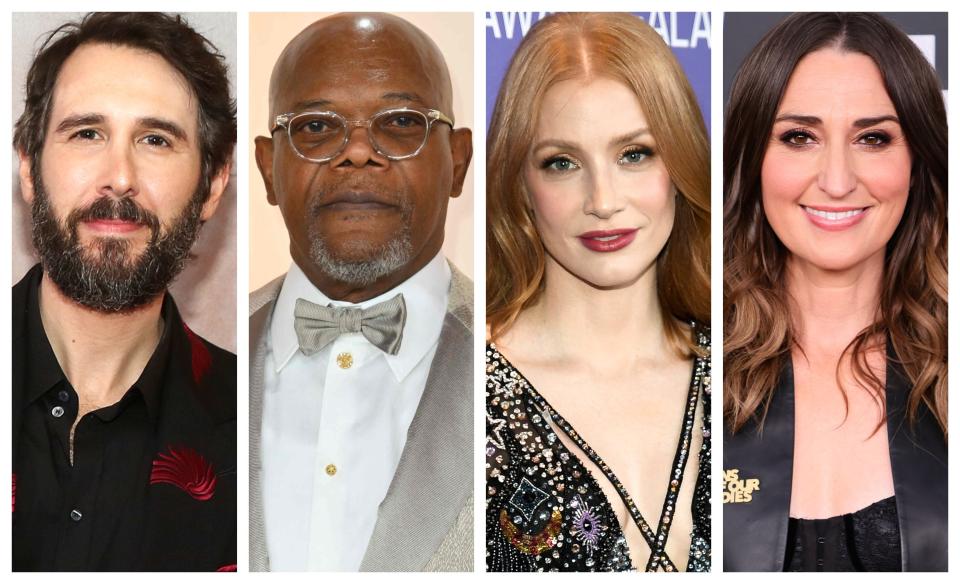 Josh Groban, left, Samuel L. Jackson, Jessica Chastain and Sara Bareilles all earned 2023 Tony Awards nominations for their performances.