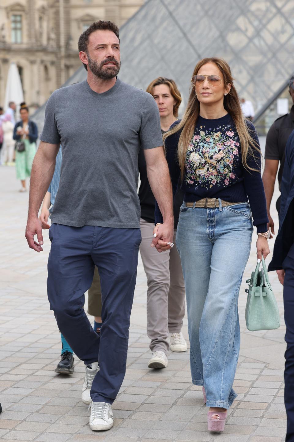 Jennifer Lopez and Ben Affleck at the Louvre Museum during their honeymoon in Paris, France.