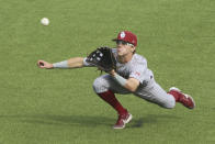 Oklahoma's John Spikerman (8) catches a fly ball in right field for the final out against Virginia Tech during an NCAA college baseball tournament super regional game Friday, June 10, 2022, Blacksburg, Va. (AP Photo/Matt Gentry)