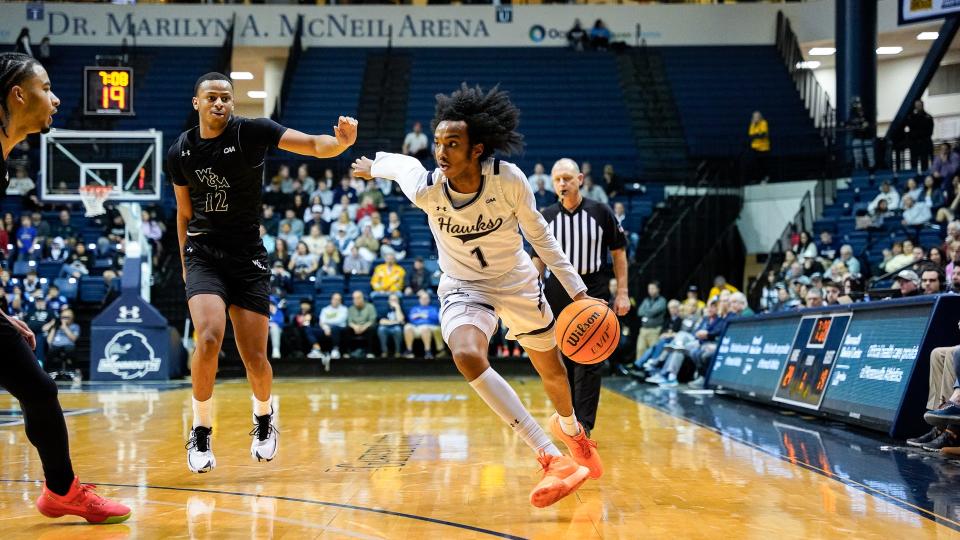 Monmouth's Abdi Bashir Jr. drives against William & Mary on Feb. 8, 2024 in West Long Branch, N.J.