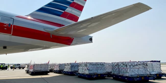 Pallets containing 3 million COVID-19 vaccine doses at Chicago O’Hare (ORD) are ready to be loaded into the cargo compartment of a Boeing 777-300 aircraft for the flight to Guatemala City (GUA).