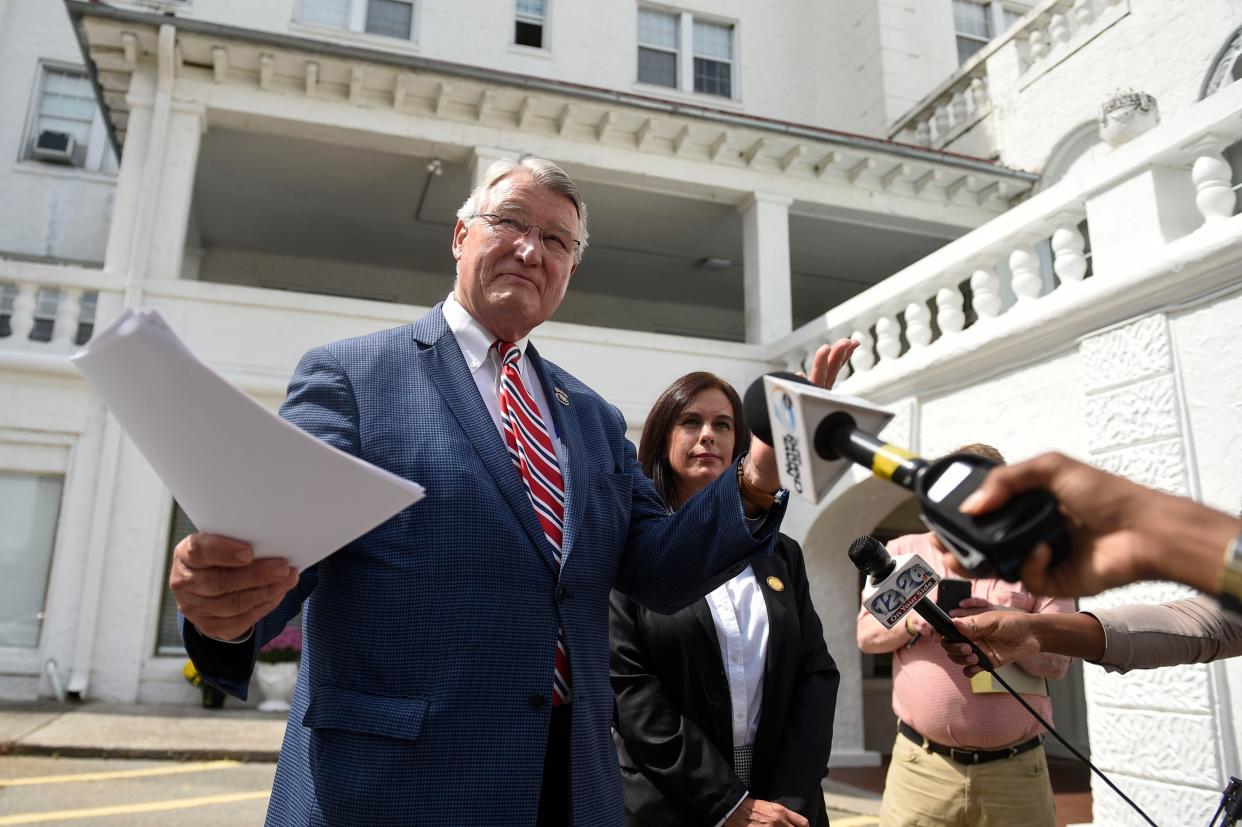 U.S. Rep. Rick Allen speaks to the media after touring Bon Air apartments with HUD on Wednesday, Sept. 7, 2022. In April, Rep. Allen asked HUD to conduct an investigation into the management and living conditions at Bon Air after reports of mold, rats, lack of security, and other problems. 