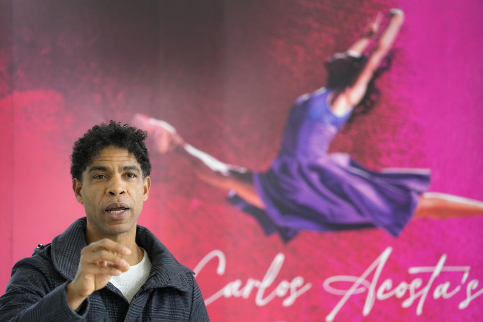 International ballet superstar Carlos Acosta speaks at a presentation for media about his brand-new production 'Nutcracker in Havana' at the Carlos Acosta Dance Studios in London, Monday, March 4, 2024. Nutcracker in Havana will have its world premiere on Nov. 1, 2024 at Norwich Theatre Royal, before embarking on a UK tour including a week at London's Southbank Centre in Dec. 2024, with further venues to be announced. (AP Photo/Kirsty Wigglesworth)