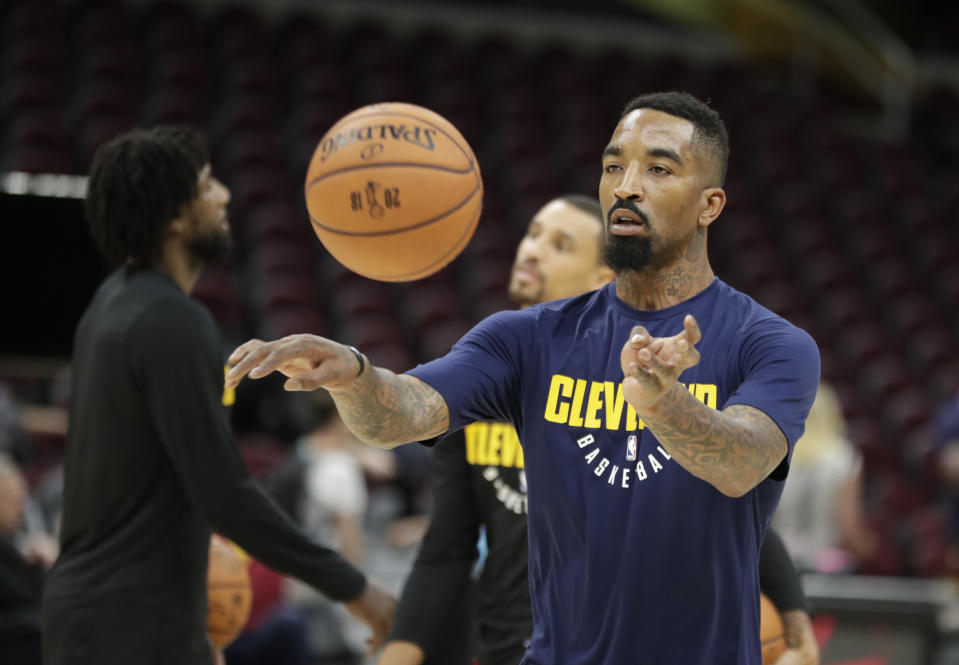 Cleveland Cavaliers guard JR Smith (5) makes a pass as the team practiced basketball's NBA Finals, Thursday, June 7, 2018, in Cleveland. The Warriors lead the series 3-0 with Game 4 on Friday. (AP Photo/Michael Conroy)