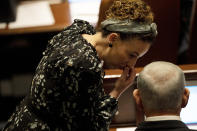 CORRECTS TO SWEARING-IN OF PARLIAMENT, NOT GOVERNMENT - Israeli lawmakers Idit Sliman confers with Likud Party leader and incoming Prime Minister Benjamin Netanyahu at the swearing-in ceremony for Israel's parliament, at the Knesset, in Jerusalem, Tuesday, Nov. 15, 2022. (AP Photo/ Maya Alleruzzo, Pool)