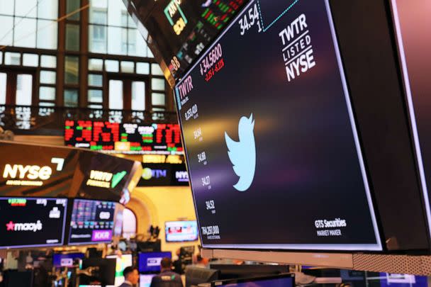 PHOTO: A Twitter logo is displayed on a screen at the New York Stock Exchange during morning trading on July 11, 2022 in New York City. (Michael M. Santiago/Getty Images)