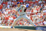 Los Angeles Dodgers' Max Scherzer throws during the first inning of a baseball game against the Cincinnati Reds in Cincinnati, Saturday, Sept. 18, 2021. (AP Photo/Aaron Doster)