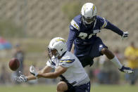 San Diego Chargers rookie wide receiver Brelan Chancellor, left, bobbles and drops a pass as cornerback Crezdon Butler defends at an NFL football training camp Friday, July 25, 2014, in San Diego. (AP Photo)