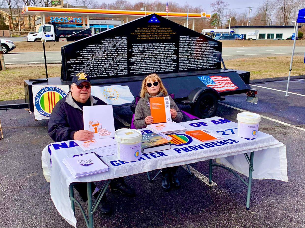 Vietnam Veterans of America Chapter 273 leaders Fran Guevremont and Leo Saucier staff an information table at the Texas Roadhouse event on March 27. Saucier is a Vietnam veteran who served in Thailand; both Guevremont’s father and husband served in Vietnam.