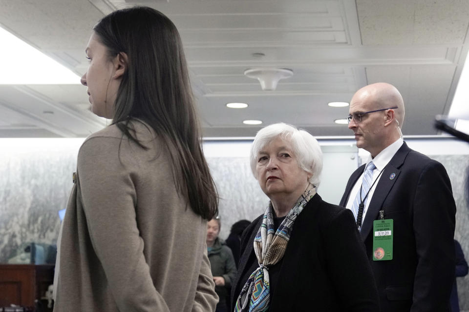 Treasury Secretary Janet Yellen arrives in the Dirksen Senate Office Building, Thursday, March 16, 2023, on Capitol Hill in Washington. (AP Photo/Mariam Zuhaib)