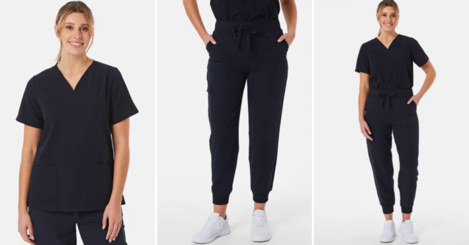 Three shots of a woman modelling the new Kmart scrubs with white sneakers