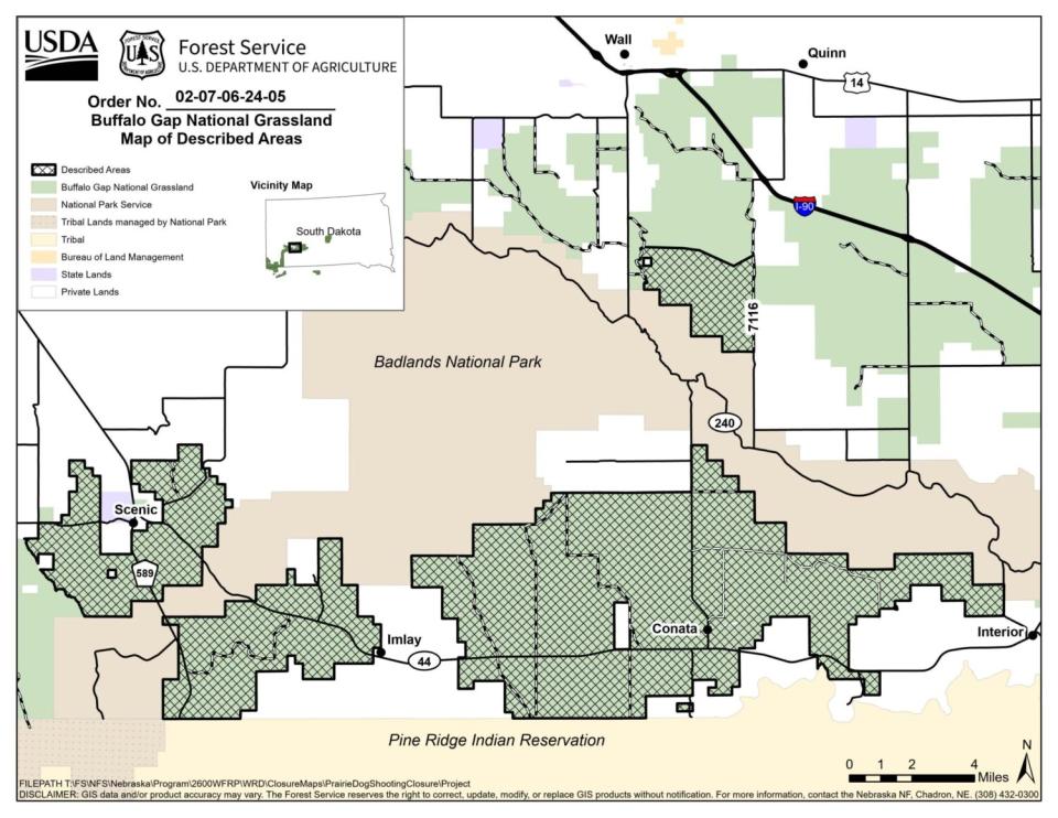 The "described areas" in this map are the portions of the Conata Basin in the Buffalo Gap National Grassland that have been permanently closed to prairie dog hunting. (Courtesy of U.S. Forest Service)