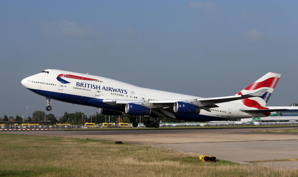 A British Airways 747 plane takes off at Heathrow Airport 