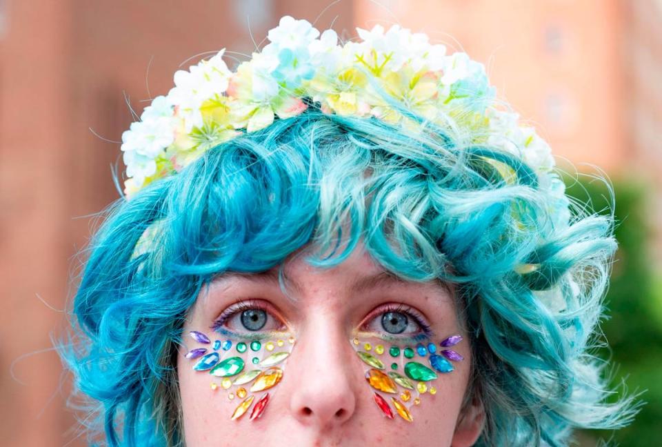 Marilyn Broadfoot shows off her rainbow makeup at Raleigh Pride on June, 22, 2024.