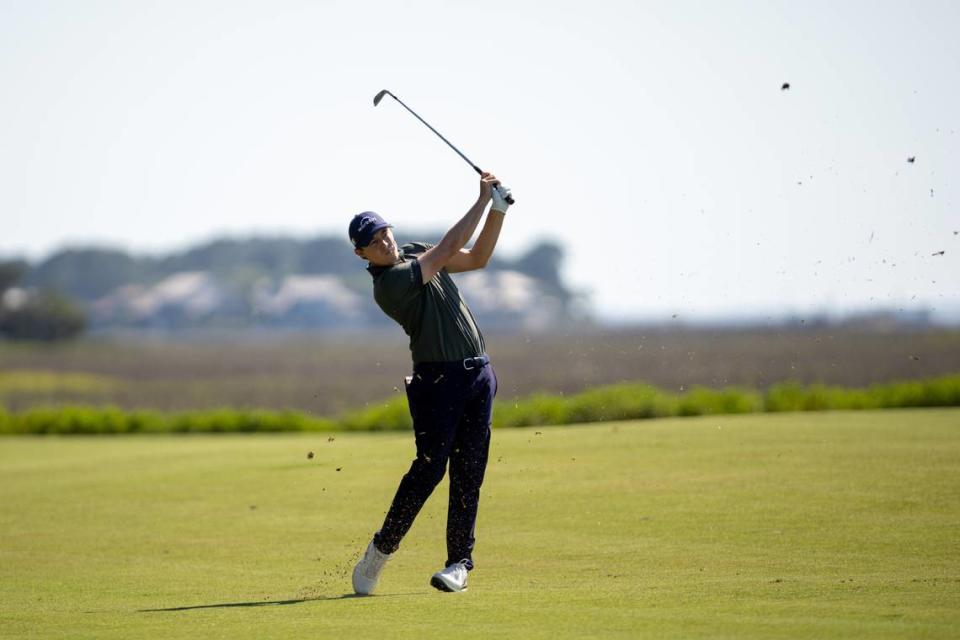 Matt Fitzpatrick strikes from the fairway of hole no. 18 during the third round of the RBC Heritage Presented by Boeing at Harbour Town Golf Links on Saturday, April 15, 2023 in Sea Pines on Hilton Head Island.