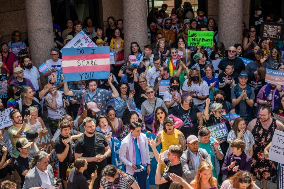 Activists rally against anti-trans legisaltion at the Texas State Capitol in Austin in March 2023 (Getty Images)