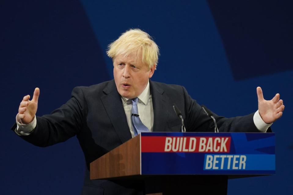 Prime Minister Boris Johnson delivers his keynote speech to the Conservative Party Conference in Manchester (Jacob King/PA) (PA Wire)