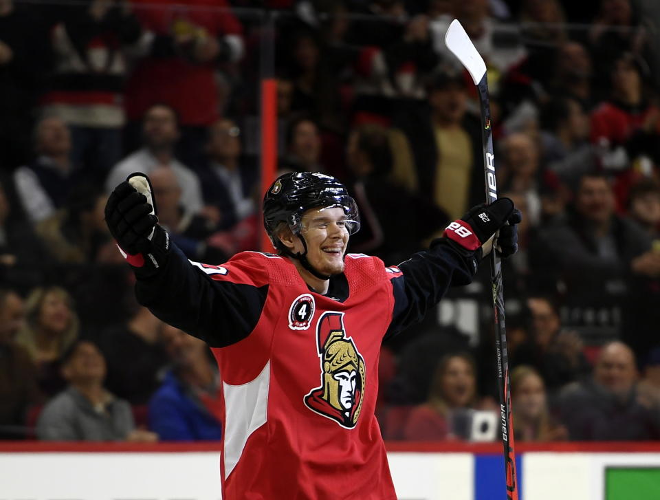 Ottawa Senators left wing Vladislav Namestnikov (90) celebrates his goal during the first period of an NHL hockey game against the Buffalo Sabres, Tuesday, Feb. 18, 2020 in Ottawa, Ontario. (Justin Tang/the Canadian Press via AP)