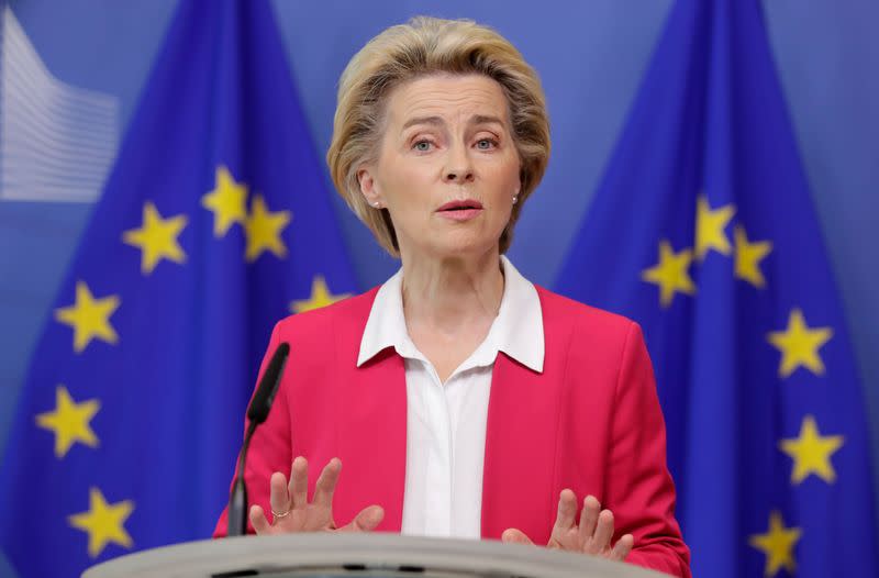 European Commission President Ursula von der Leyen and European commissioners Schinas and Johansson brief the press after the college of EU commissioners