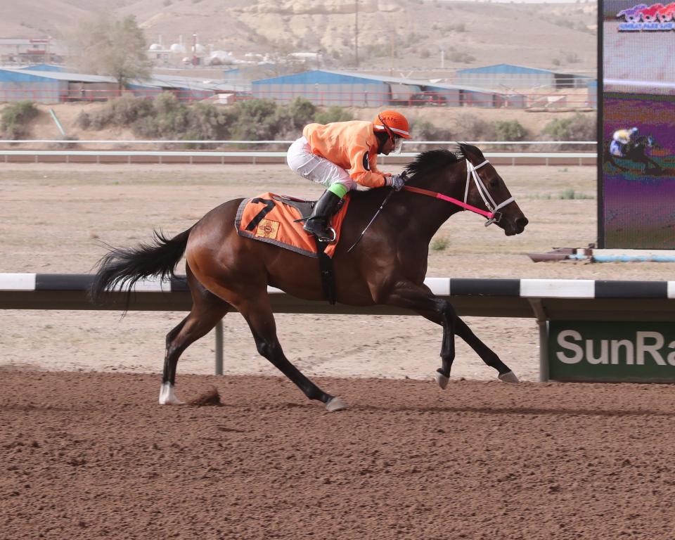 Nostrangrtotherain, ridden by Miguel Perez, picks up the first win of his career in the $100,000 C.O. Ken Kendrick Memorial Stakes, Sunday, May 8, 2022 at SunRay Park and Casino.