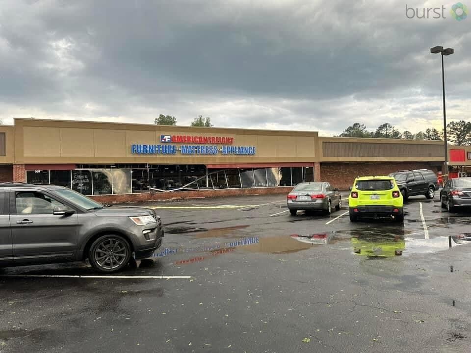 The storm blew in the windows of a store on Highway 72.